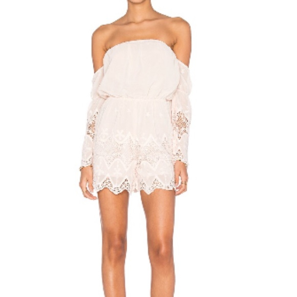 Lucy Paris REVOLVE Lace Embroidered Tulum Romper in pink small